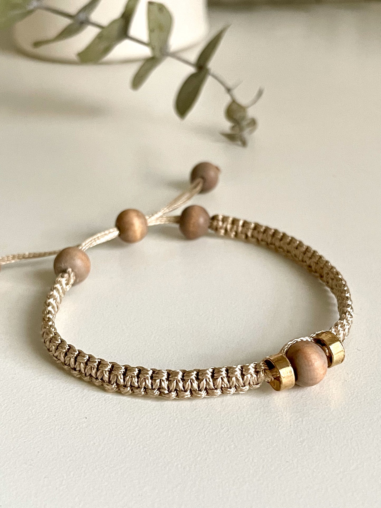 Intention bracelets inspired by the sun, golden braided cord, the earth, picture jasper crystals, and the forest, wooden beads