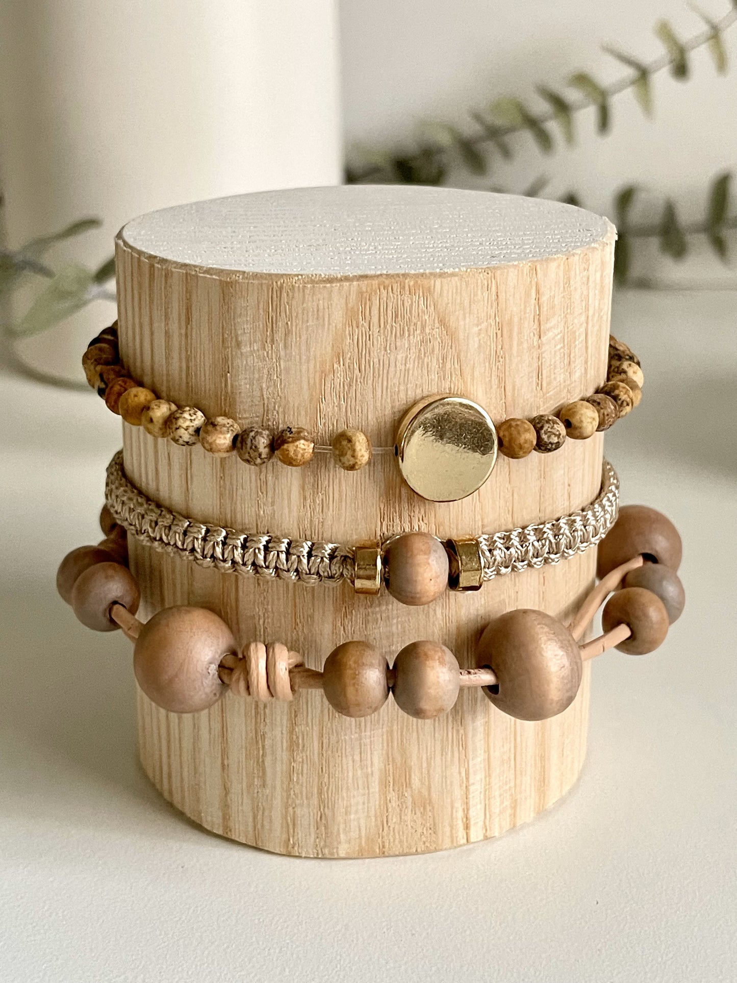 Intention bracelets inspired by the sun, golden braided cord, the earth, picture jasper crystals, and the forest, wooden beads
