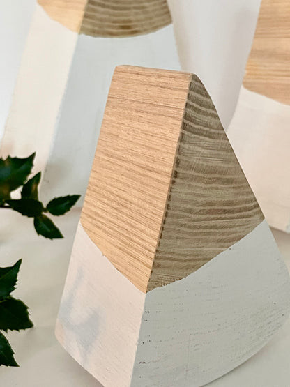 Minimalist holiday tree set with handmade wooden trees with a white base 