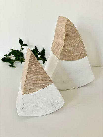 Minimalist holiday tree set with handmade wooden trees with a white base 